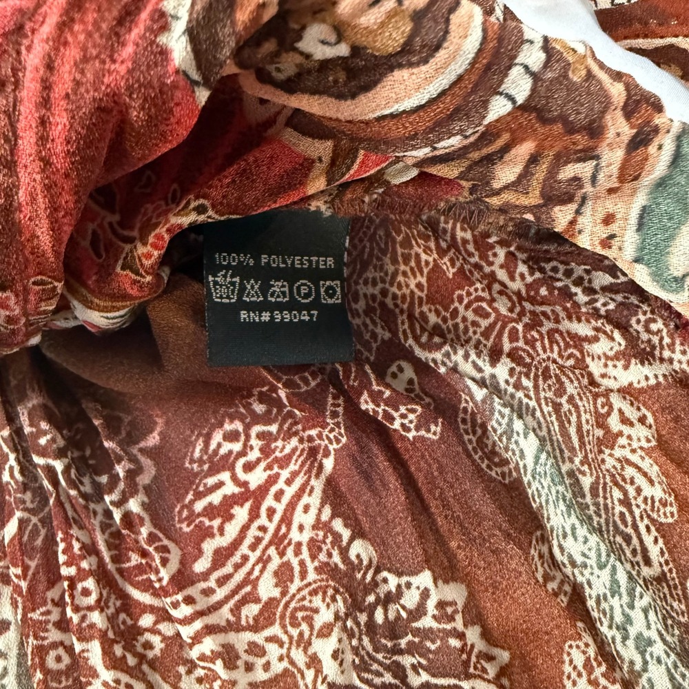 Piano Womens Large Paisley Print Crinkle Blouse Rust Red Boho Ribbon Trim Top - Picture 5 of 9